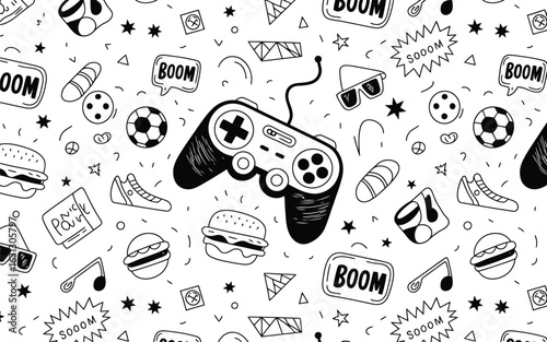 Gaming and entertainment doodle pattern video games