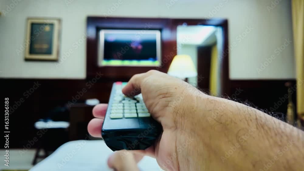 human hand changes the channels on the television with remote control. Person controls TV using a remote control. sitting in a chair, watching TV, switching channels with a remote control.