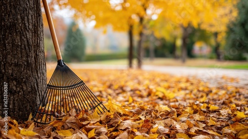 Fototapeta Naklejka Na Ścianę i Meble -  A leaf rake rests against a tree trunk on a bed of golden autumn leaves, suggesting fall cleanup in a park setting.