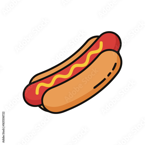 A classic hot dog icon with mustard on a bun, a simple and delicious American fast food illustration.