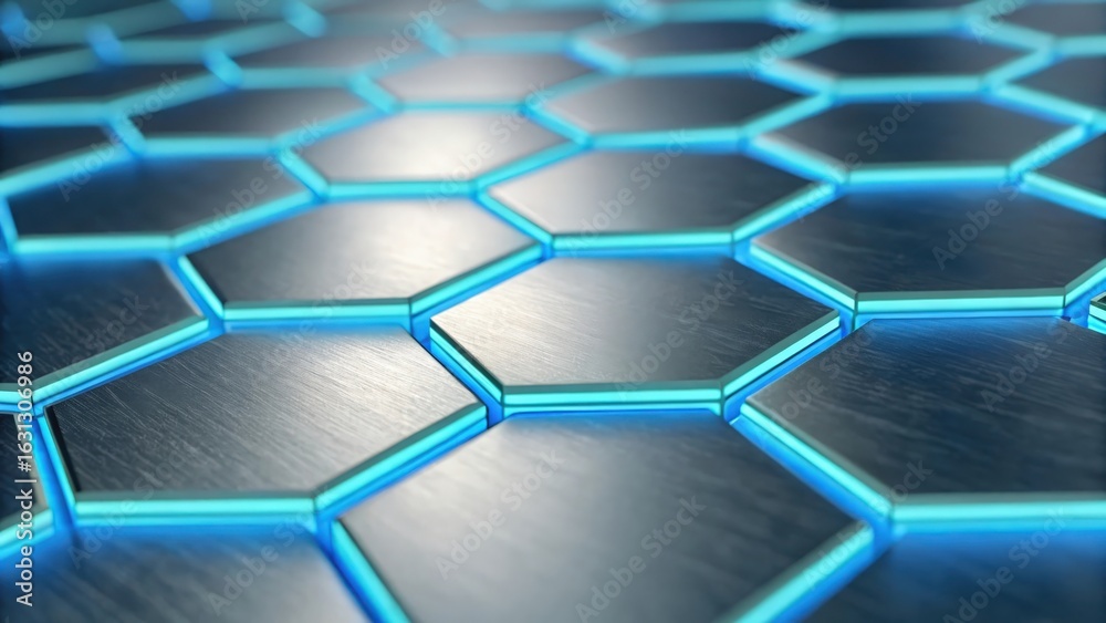 Naklejka premium Glowing blue hexagons on brushed silver surface — futuristic tech background in 3D 