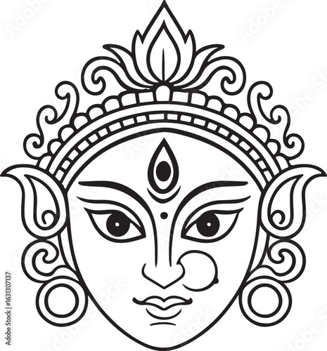 Ornate Hindu goddess durga face line art isolated on white background