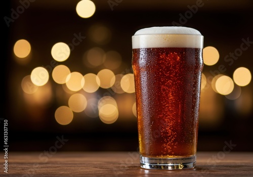 A refreshing pint of amber ale with a foamy head in a dimly lit bar