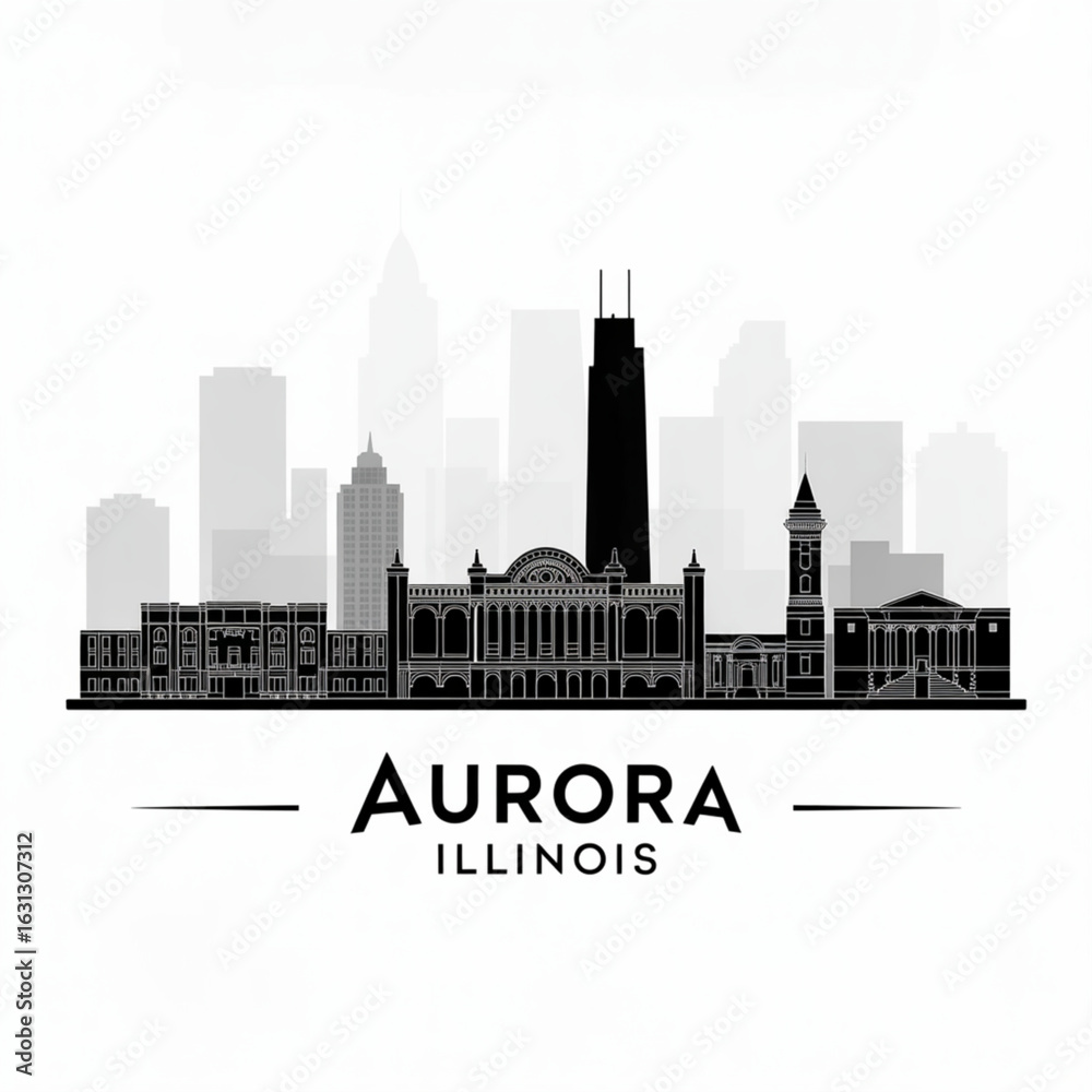 Naklejka premium Aurora Skyline Silhouette - Iconic City in Illinois Vector Illustration