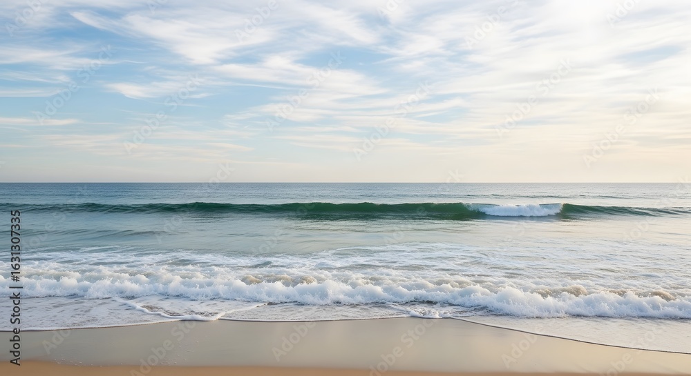 Fototapeta premium Ocean waves gently rolling onto a sandy beach under a cloudy sky