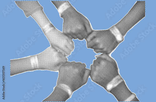 close up group of hand gesturing strong in unity pixelate grayscale color halftone dotted texture style collage element isolated on blue background. friendship concept.