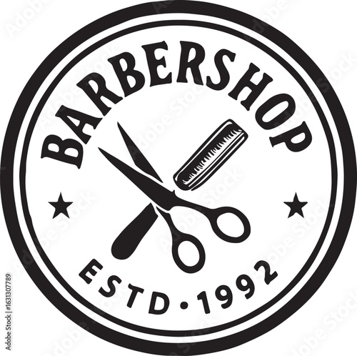 Vintage barbershop logo with scissors and comb isolated on white background
