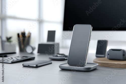 Smartphone charging on a stand amongst modern desk accessories and office equipment