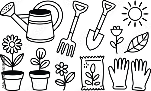 Hand drawn gardening tools and plants doodle icons