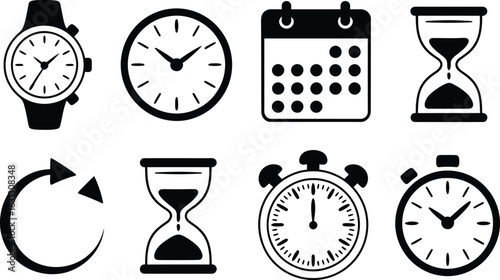 Time and scheduling icons on white background clock