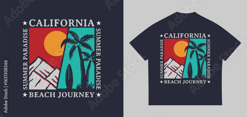 California summer paradise beach landscape with palm tree illustration, perfect for print design, apparel, t-shirts, and more