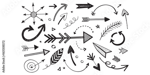 Collection of thin, hand-drawn curved arrows in various directions. Artistic sketch-style vector arrows with loops and swirls, perfect for diagrams, infographics, presentations, or design accents