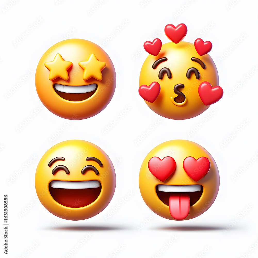 Fototapeta premium Emoji Expressions A Collection of Joyful Faces Displaying Starry Eyes Kissing Hearts Laughter and Intense Adoration on a Clean White Background Showcasing Diverse Emotions