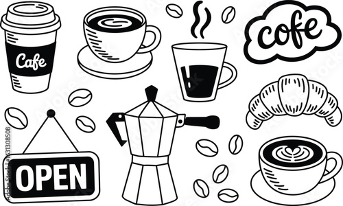 Coffee shop icons and elements cafe moka pot