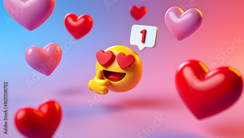 Wallpaper Mural Emoji with Heart Eyes and Notification A Cheerful Yellow Character Giving a Thumbs Up Surrounded by Floating Hearts and a Social Media Notification Icon Torontodigital.ca