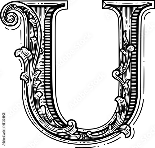 Ornate Black And White Uppercase Letter U With Floral Design