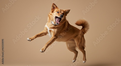 A joyful dog leaping in mid-air, mouth open, against a neutral background.