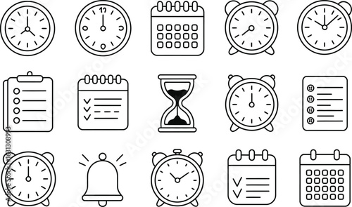 Time management icons set with clocks and calendars