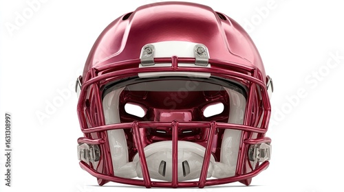 Frontal shot of a maroon football helmet, visor and facemask on white background