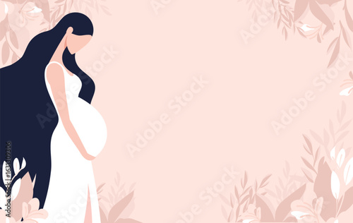 Pregnant woman with long hair in white dress on floral background. Flat vector illustration. Motherhood and maternity concept. Design for greeting, card, invitation, poster with copy space