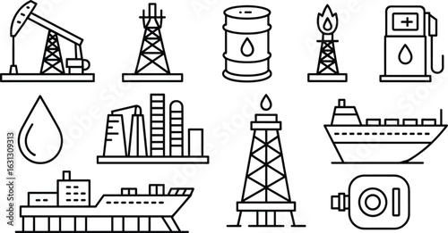 Oil industry icons, petroleum extraction, refinery, fuel pump, tanker ship, crude oil barrel, energy resources, oil rig, fuel transportation, industrial equipment