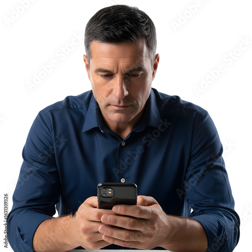 Confident businessman focused on smartphone, engaging in digital communication and business tasks.