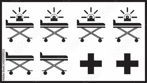 Multiple ambulance gurneys with flashing lights and medical crosses in a black and white vector image silhouette