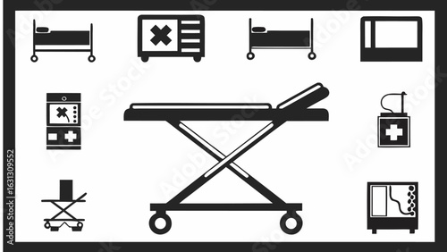 Illustration showing medical equipment including beds, monitors, and a gurney on a white background silhouette