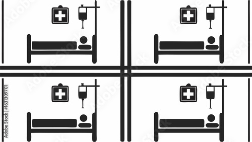 Illustration showing four hospital rooms each with a bed iv drip and medical chart in black and white style silhouette