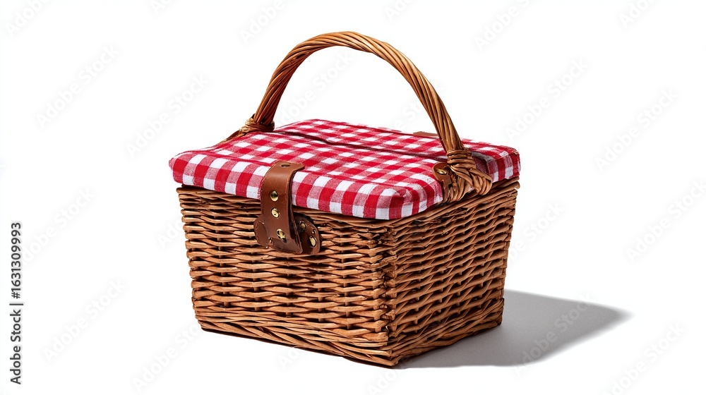 A delightful picnic basket, with red and white checkered pattern, waiting to be packed A delightful picnic basket, with red and white checkered pattern, waiting to be packed