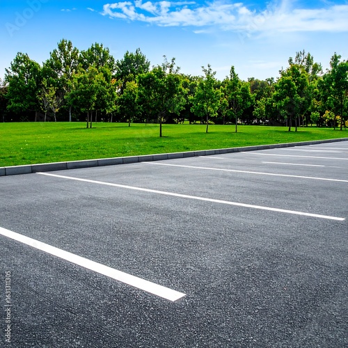 Empty parking lot with trees and blue sky