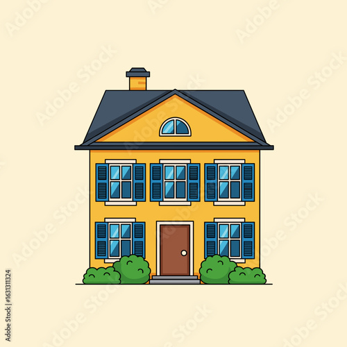 Colorful Two Story House with Blue Shutters and Lush Greenery in a Cartoon Style