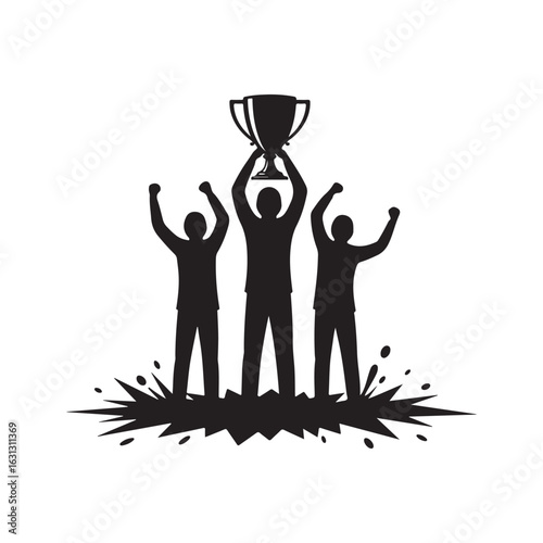 Triumphant Team Silhouette Celebrating Victory with a Trophy, Symbolizing Achievement and Success with Joyful Exuberance on Ground Burst