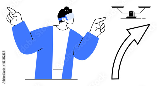 Man with VR headset gesturing to operate a drone arrow indicating upward motion. Ideal for technology, innovation, gaming, remote control, futurism, virtual reality, progress. Clean flat metaphor