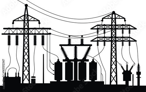 Silhouette of electrical substation with high voltage power lines, transformers, insulators, power distribution equipment, energy transmission, industrial electrical infrastructure