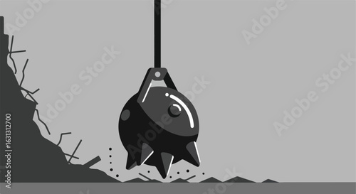 Wrecking ball demolishes wall. Debris flying. Destruction, power, reconstruction