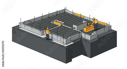 Builders Inspecting Rebar Grid on Concrete Foundation; Construction Site