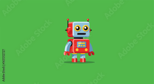 Robot stands still on a flat, green backdrop, ideal for technology promotion