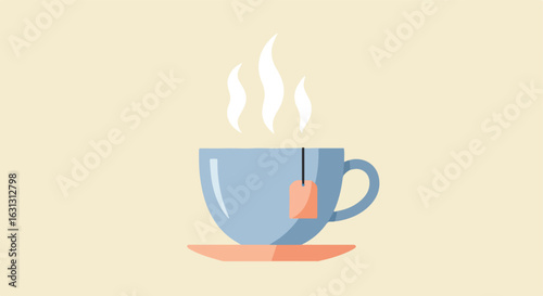 Steaming tea cup with bag on saucer against beige background. Morning beverage