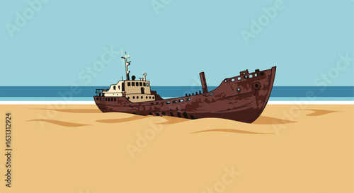 Shipwreck on sandy beach with ocean backdrop for travel brochure or web banner