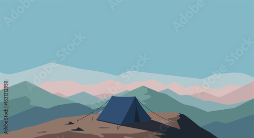 Camping tent pitched atop mountain, layers of mountains in the distant background