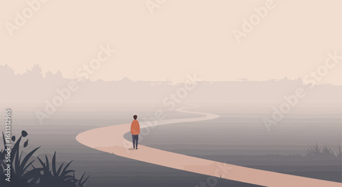 A person walking on a path in a flat misty landscape. Future concept. Road ahead