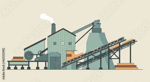 Log milling at plant using conveyer system and saw. Air pollution from stack