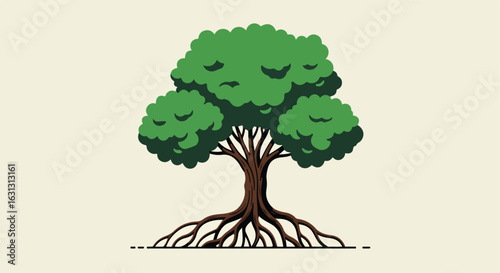 Illustrated stylized tree with visible roots, simple background for eco concept