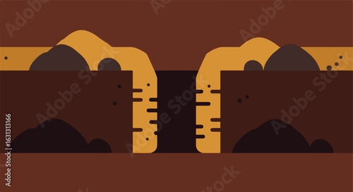 Hole dug in soil with mounds of dirt on either side, in the earth. Use for construction