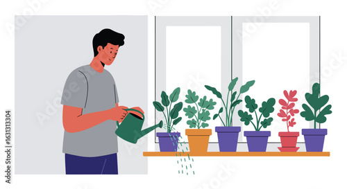 Man waters indoor plants on a shelf by the window in a simple interior setting