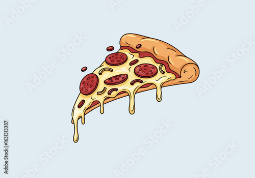Detailed Cartoon Illustration of a Pepperoni Pizza Slice with Melting Cheese and Crispy Crust