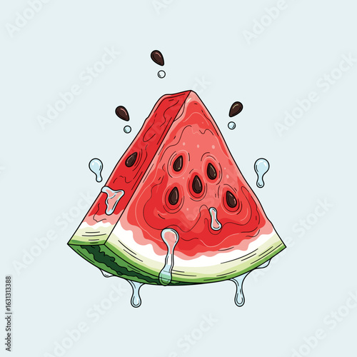 An Illustrative Slice of Watermelon Splashing Juices on a Light Blue Background