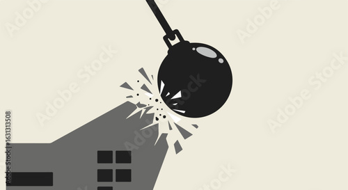 Cartoon wrecking ball smashes building; construction, destruction, demolition