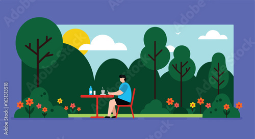 Man drinks coffee at cafe in park with nature background for travel purposes